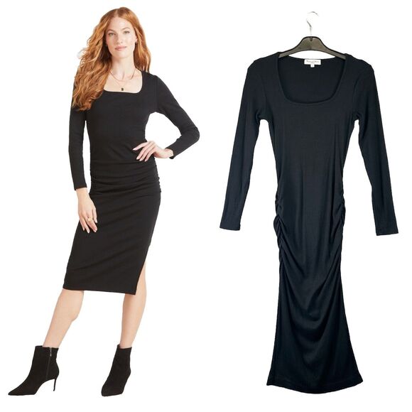 Michael Stars Dress Womens S Black Rib Knit Midi Ruched Square Neck Long Sleeve - Picture 1 of 11